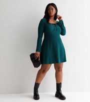 New Look Curves Dark Green Crinkle Jersey Tie Front Flared Sleeve Mini Dress